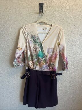 Ted Baker Cream Floral Wrap-Style Tunic with Navy Skirt Detail